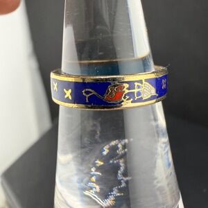 Vintage Estate Cloisonne Enamel Band Ring Blue Gold Floral 4.75
